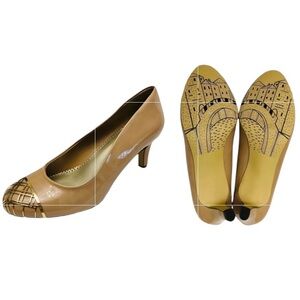 Bella-Vita Shoes Womens Taupe Pat Paxton II Front Details Gold High Heel Tan